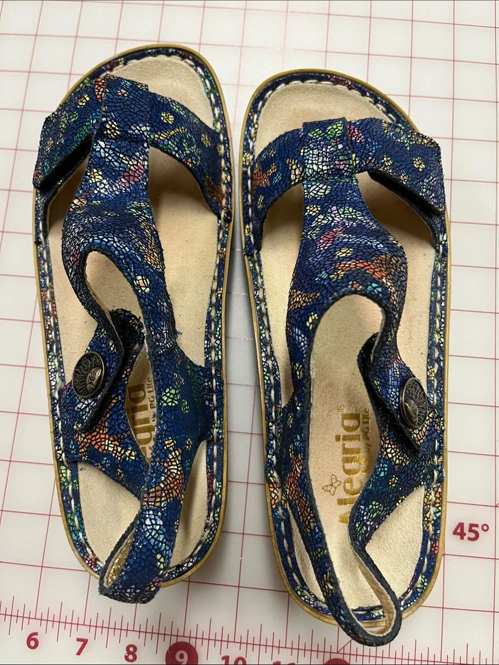 ALEGRIA Kendra Summer Casual Birdland Multi Navy T-Strap Wedge Slip-On Sandals 8